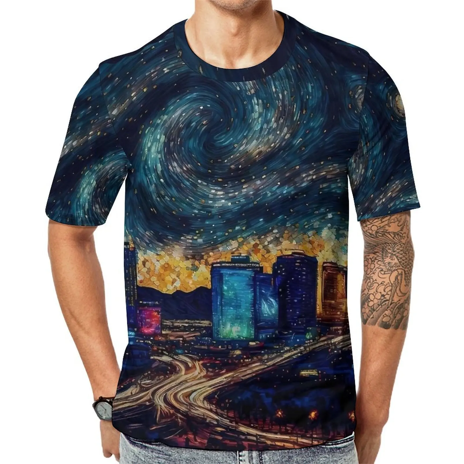 Original T Shirt Las Vegas Starry Night T Shirts  Basic Hippie Tees For Mens Short Sleeve Pattern Oversize Tops