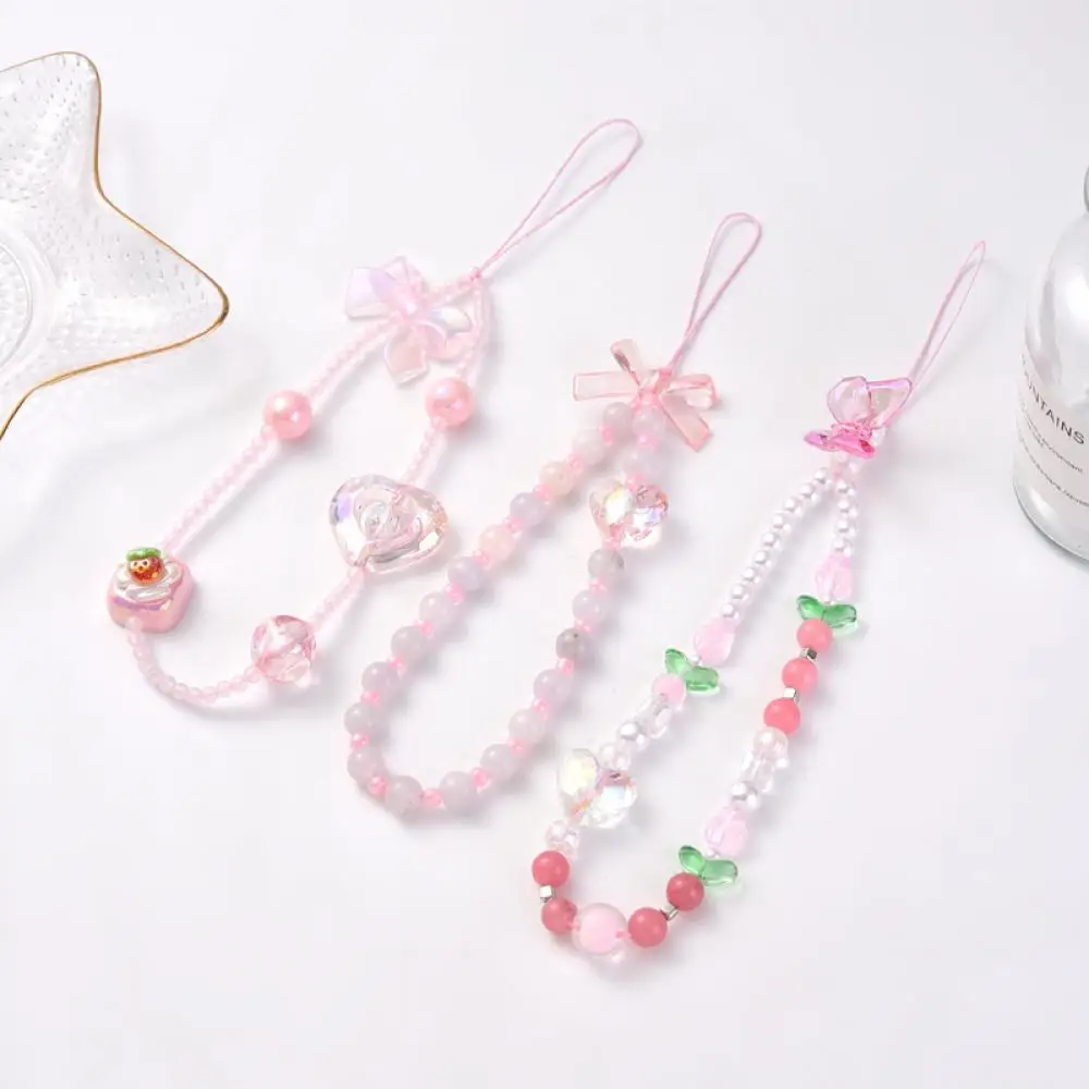 Fashion Acrylic Mobile Phone Chain Sweet Cute Heart Shape Butterfly Beaded Telephone Lanyard Hanging Cord Women Girls Jewelry