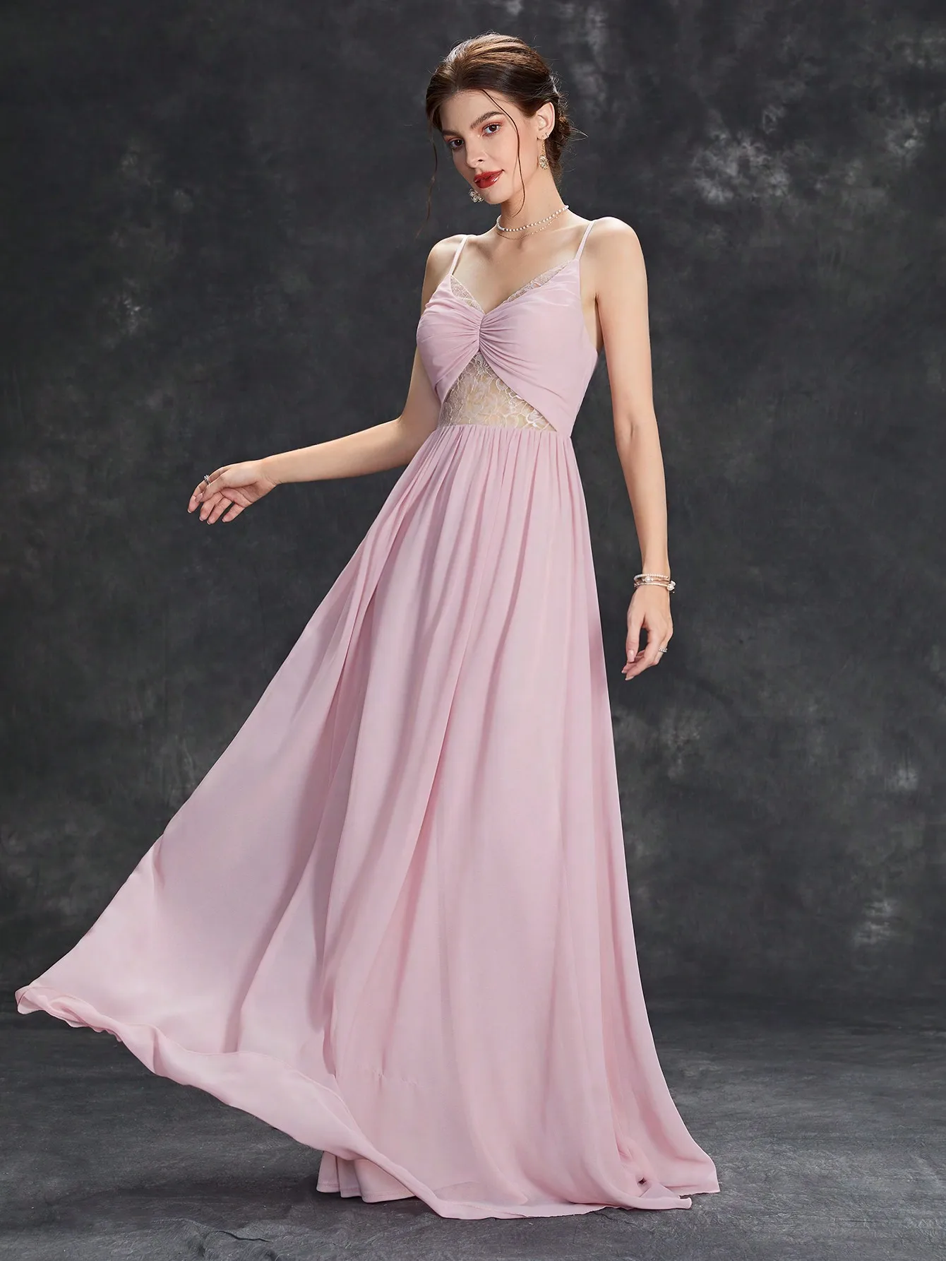 Mgiacy V-Ausschnitt Büste Plissee Spitze Ausschnitt Patchwork Chiffon ein voller Rock Abendkleid Ballkleid Party kleid