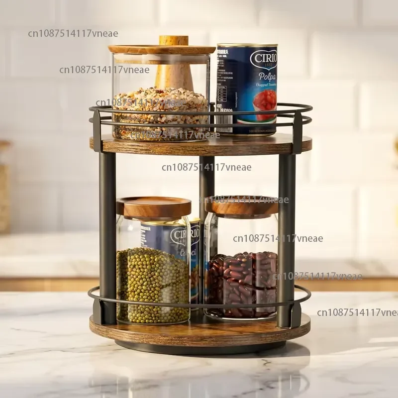 Living Room Rotatable Wire Snack Jar Storage Holder Kitchen 2 Tier Turntable Spice Rack Wooden Pallet Swivel Organization