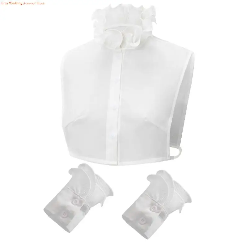 G92D Fashionable Faux Collar With Wrist Cuffs Fake Sleeves For Women Decorative Ruffle V Neck Half Shirt Blouse Layering Set