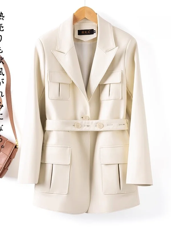 Cappotto in Vera Pelle Haining da Donna, Lunghezza Media, Nuova Collezione Primavera 2025, Giacca in Pelle di Pecora Antivento con Cintura in Vita, Elegante