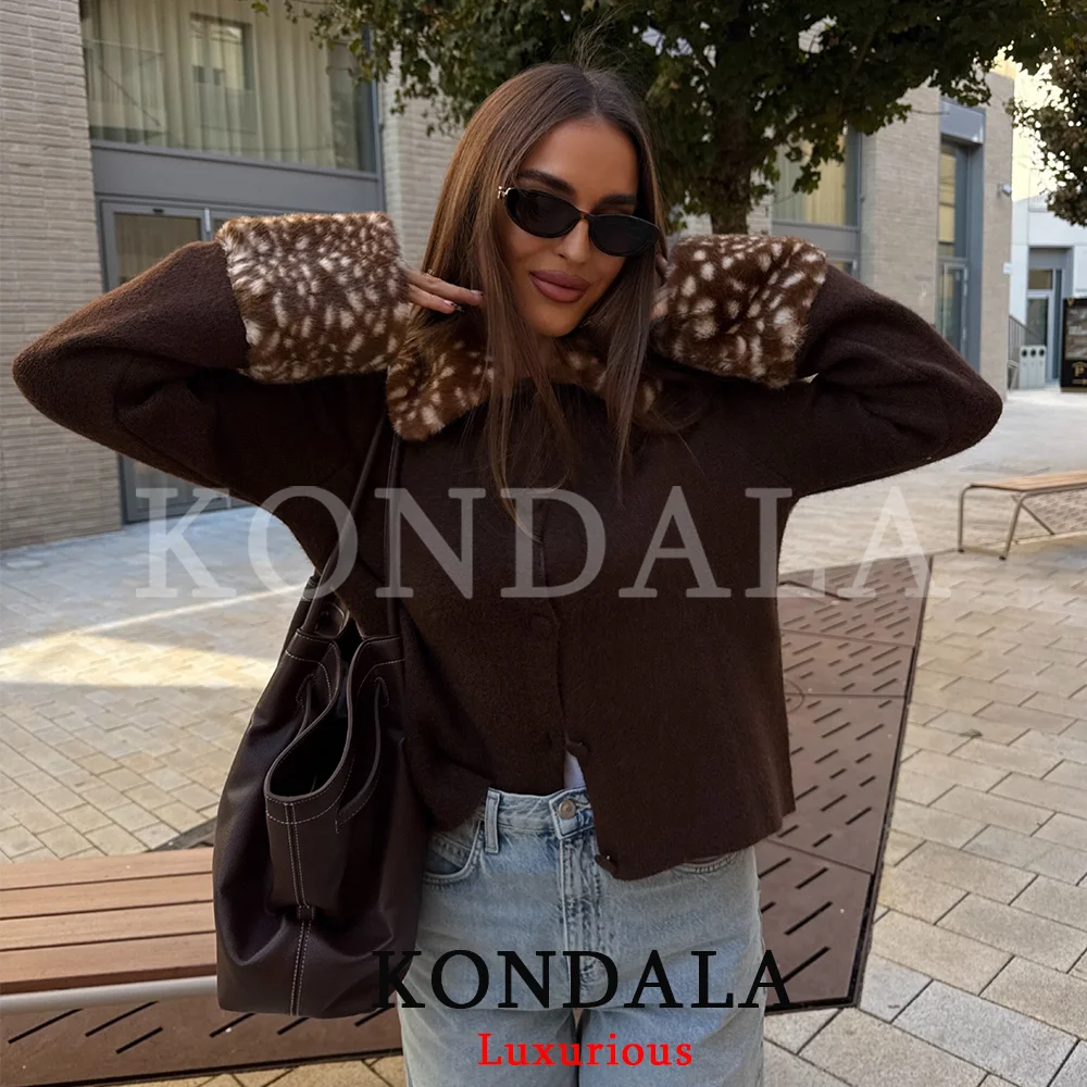 KONDALA Vintage Chic Braun Pelz-Patchwork-Cardigans Mode 2026 Herbst Winter Dicker Warmer Strickpullover Urlaub Büro Damen Oberteile
