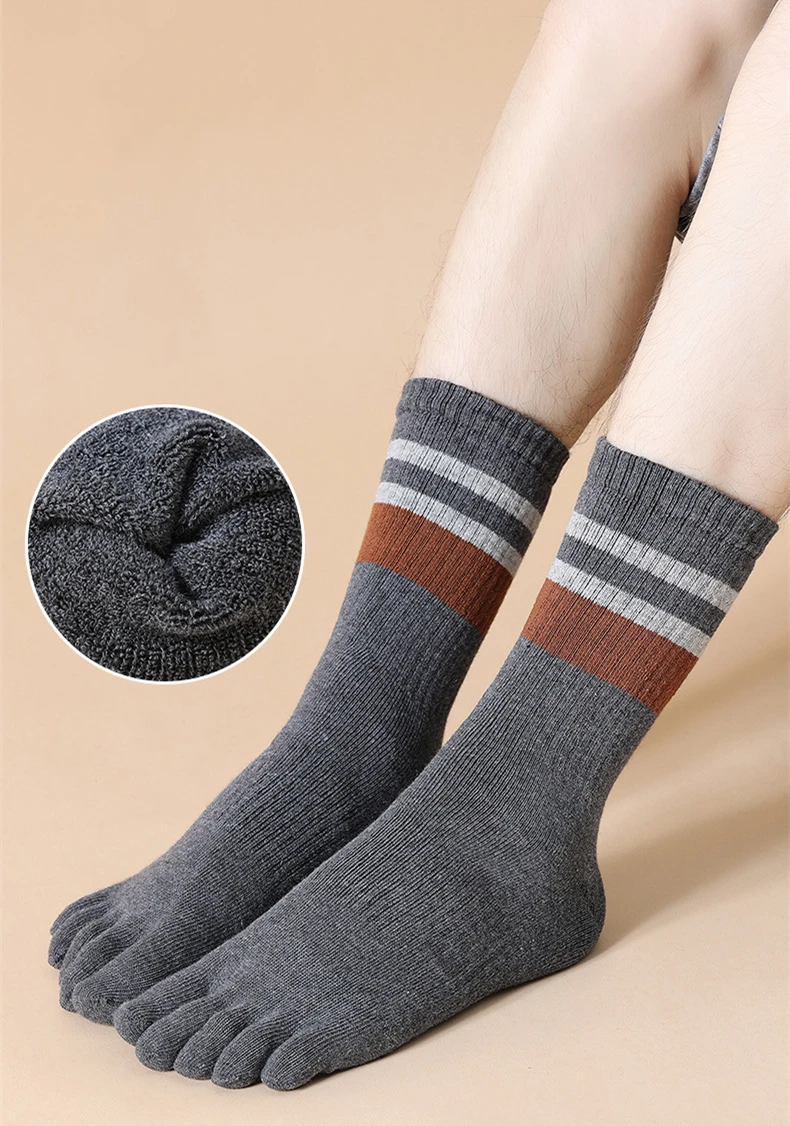 5 Paar Frottee-Zehensocken für Herren, Baumwolle, gestreift, dick, weich, elastisch, schweißabsorbierend, warm halten, Partykleid, lange 5-Finger-Happy-Socken – Detail 1