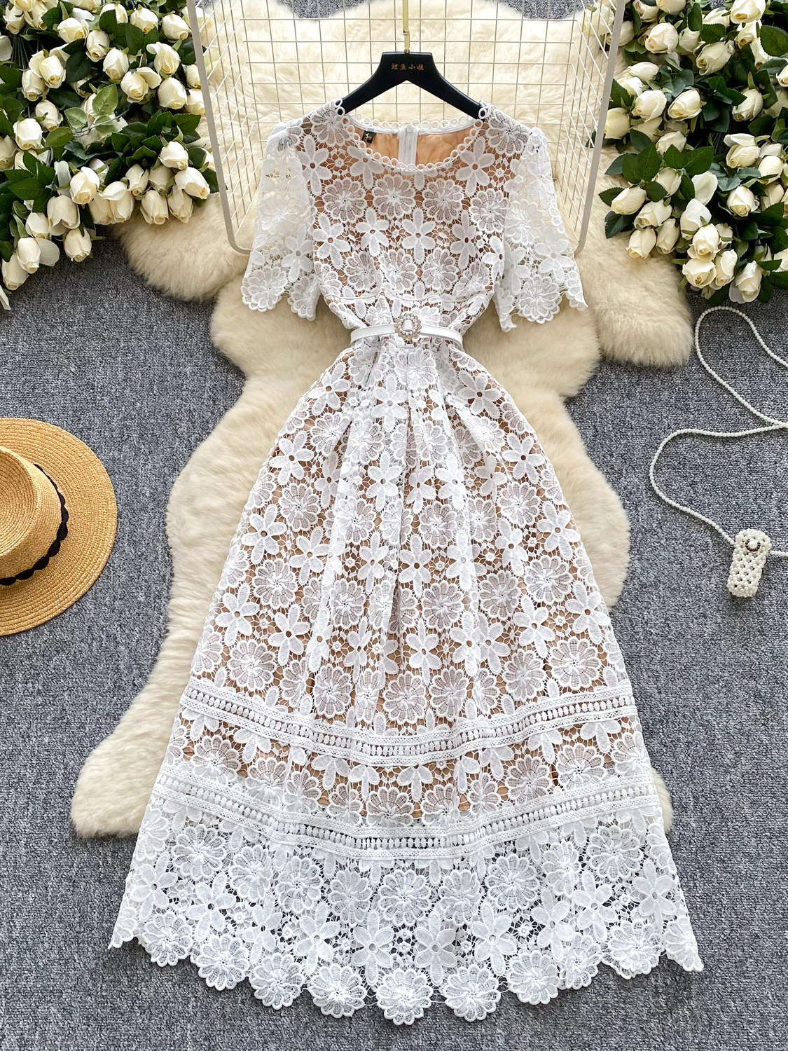 Ele dentelle évider crochet fleur femmes Dr été minceur taille haute a-ligne jupe Midi coréen Sle trajet Dr