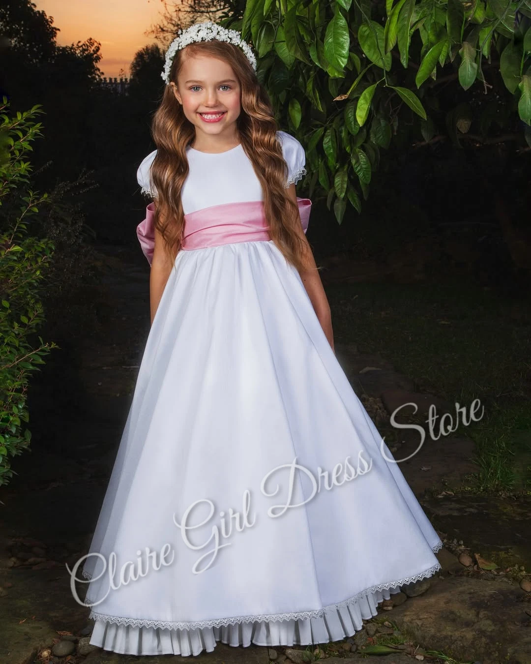 

Customized White Flower Girl Dress For Wedding Satin Puffy With Bow Kids Birthday Party First Communion 2025 Ball Gown