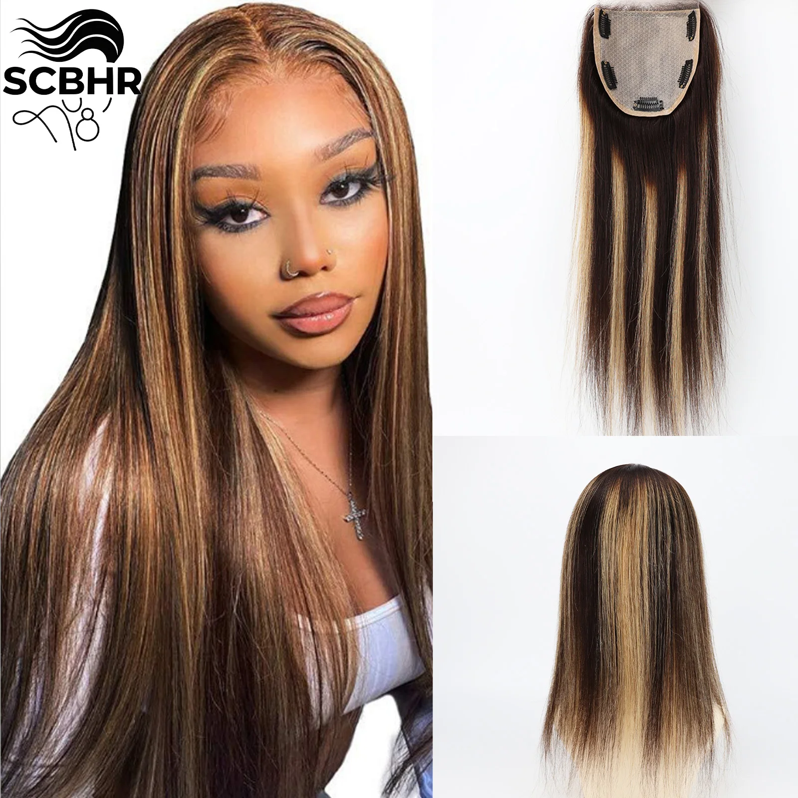 

Реалистичная прямая шелковая основа, кружевная застежка, естественная линия роста волос, шелковый топпер 5 × 5 дюймов, прочный мягкий человеческий волос с полной основой кожи