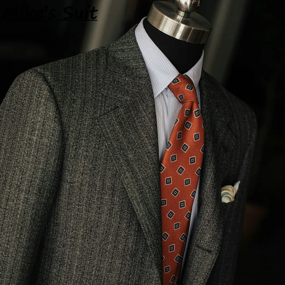 Men Notch Lapel Single Breasted 2 Piece Suit, Dark Gray Stripe Multi Fleck Tweed Fabric, Business Country Wedding Jacket & Pants