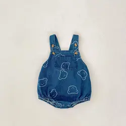 MILANCEL Baby Spring Clothing 0-2Y Cute Bear Head Printed Denim Bodysuit Infant Girls Straps Pants Toddler Boys One Piece