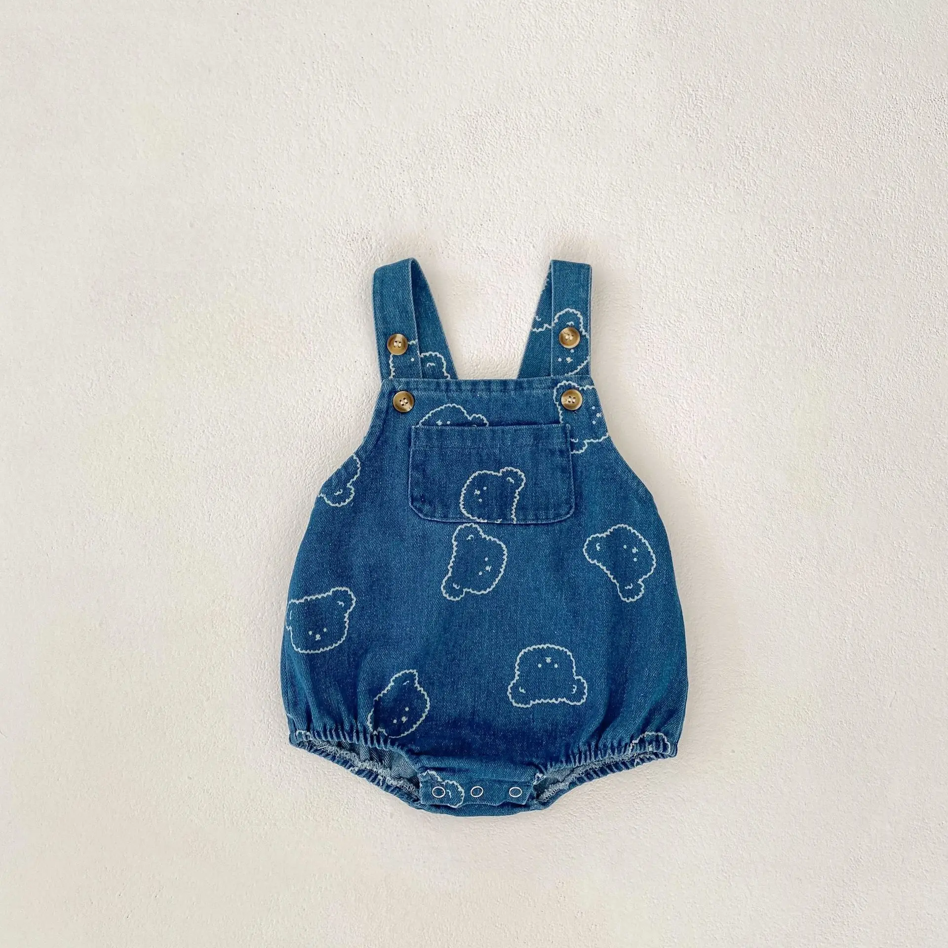 MILANCEL Baby Spring Clothing 0-2Y Cute Bear Head Printed Denim Bodysuit Infant Girls Straps Pants Toddler Boys One Piece