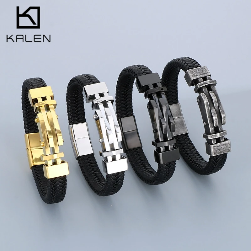 Creative Stainless Steel Leather Bracelet for Men Vintage Geometric Woven Cowhide Bangle Gift Trend Magnetic Clasp Jewelry