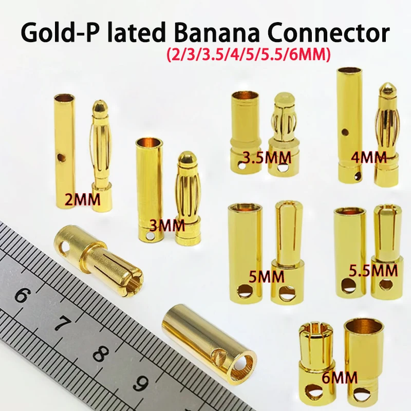 5/10Pairs 2mm 3mm 3.5mm 4mm 5mm 5.5mm 6mm Bullet Banana Plug Pure Copper Gold-Plated Male Female Connector Banana Plugs Kits