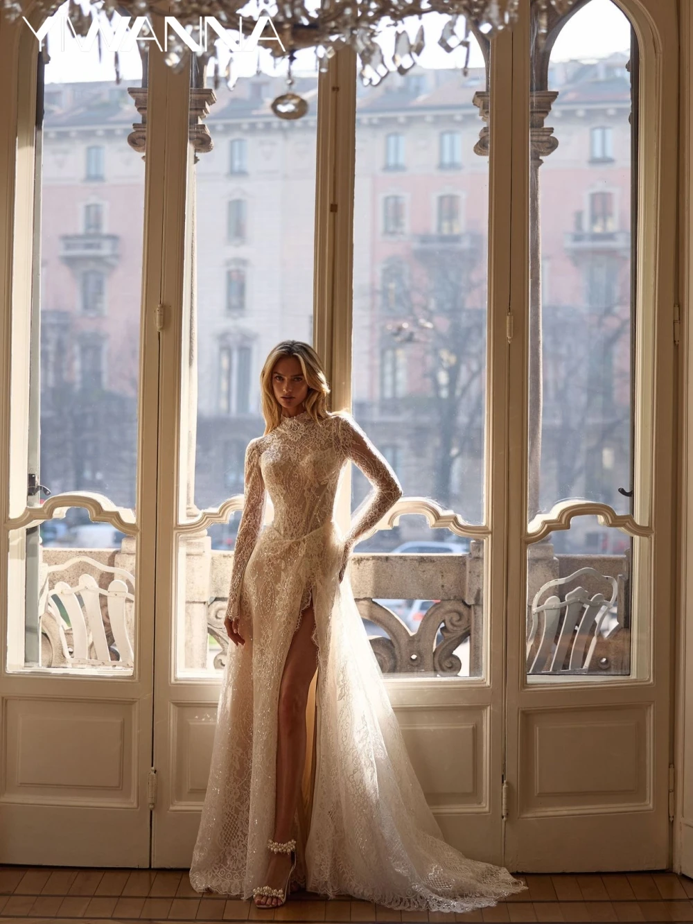 

Shiny Sequined Lace A-line Long Wedding Dress Sexy Side High Slit Bridal Gown Customized Modest High Collar Dresses For Bride