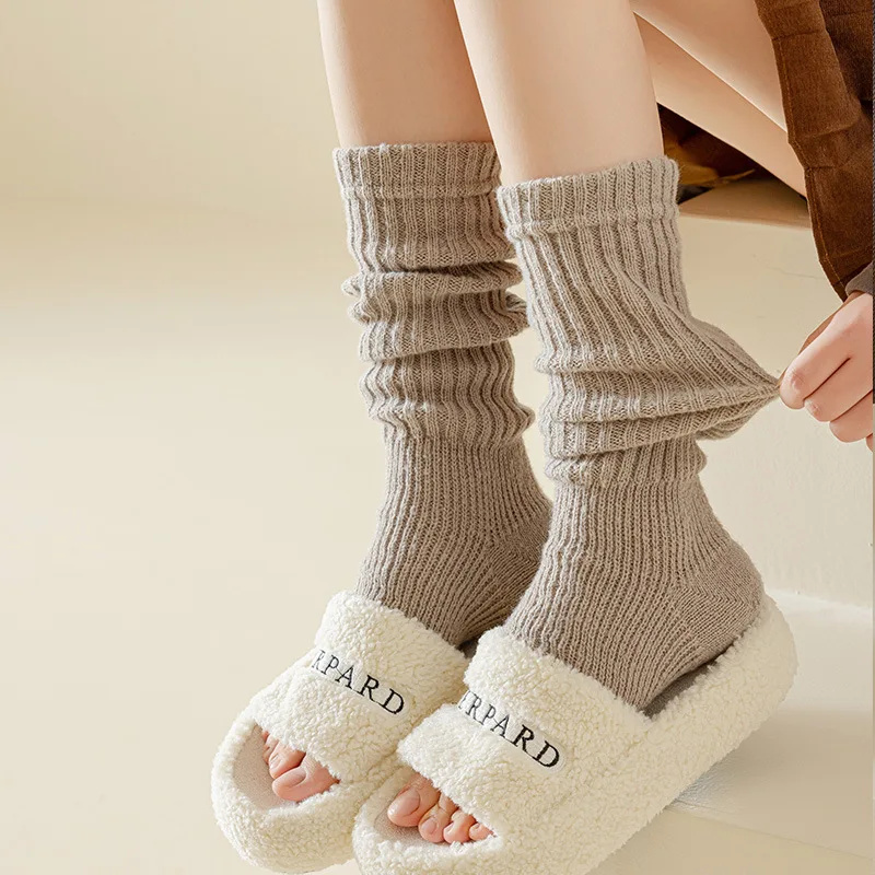 Plush Thick Needle Foot Warmers Leg Socks Knitted Leg Socks for Women Korean Version Solid Color Warm Full Leg Socks