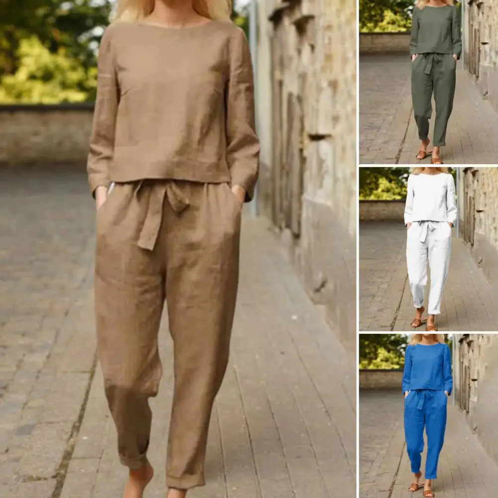 Women Shirt Breathable Elastic Waist Women Two-piece Suit Solid Color O Neck Top Long Pants for Sweat Absorption Two Piece Sets