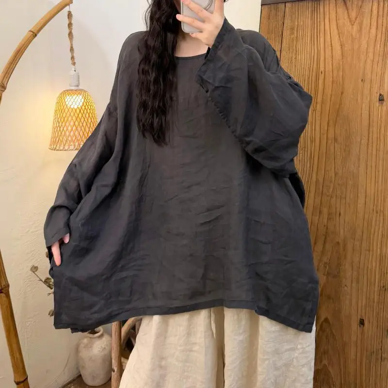 New Arrival 2026 Summer Arts Style Women O-neck Loose Casual Tops Tees High Quality Ramie Solid Vintage Long Sleeve T-shirt H129