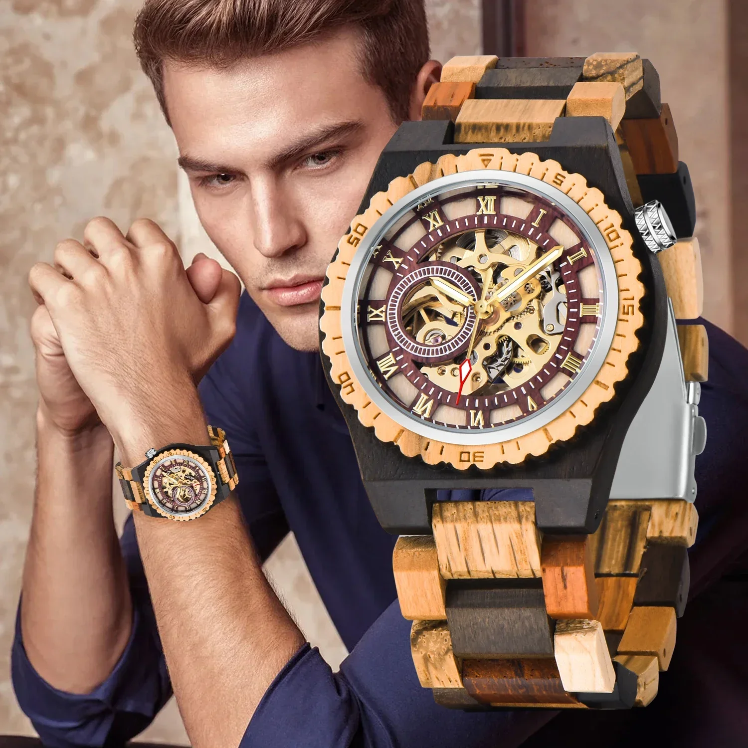 

Automatic Mechanical Men's Watch - Brown Color Blocked Roman Numerals Hand Wind Casual Fashion Accessory