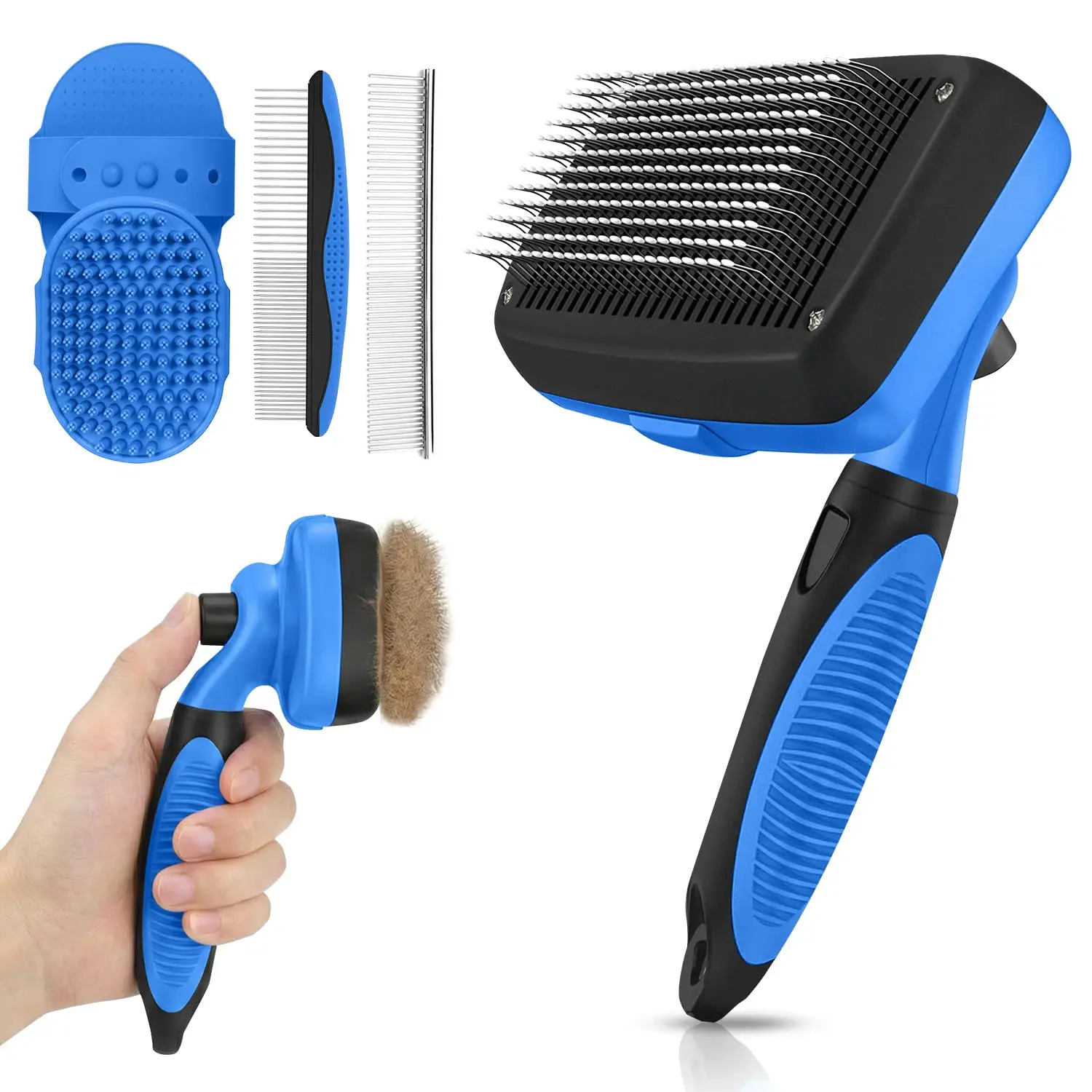 

5-in-1 Pet Grooming Kit, Self-Cleaning Shedding Brush for Dogs & Cats, Blue