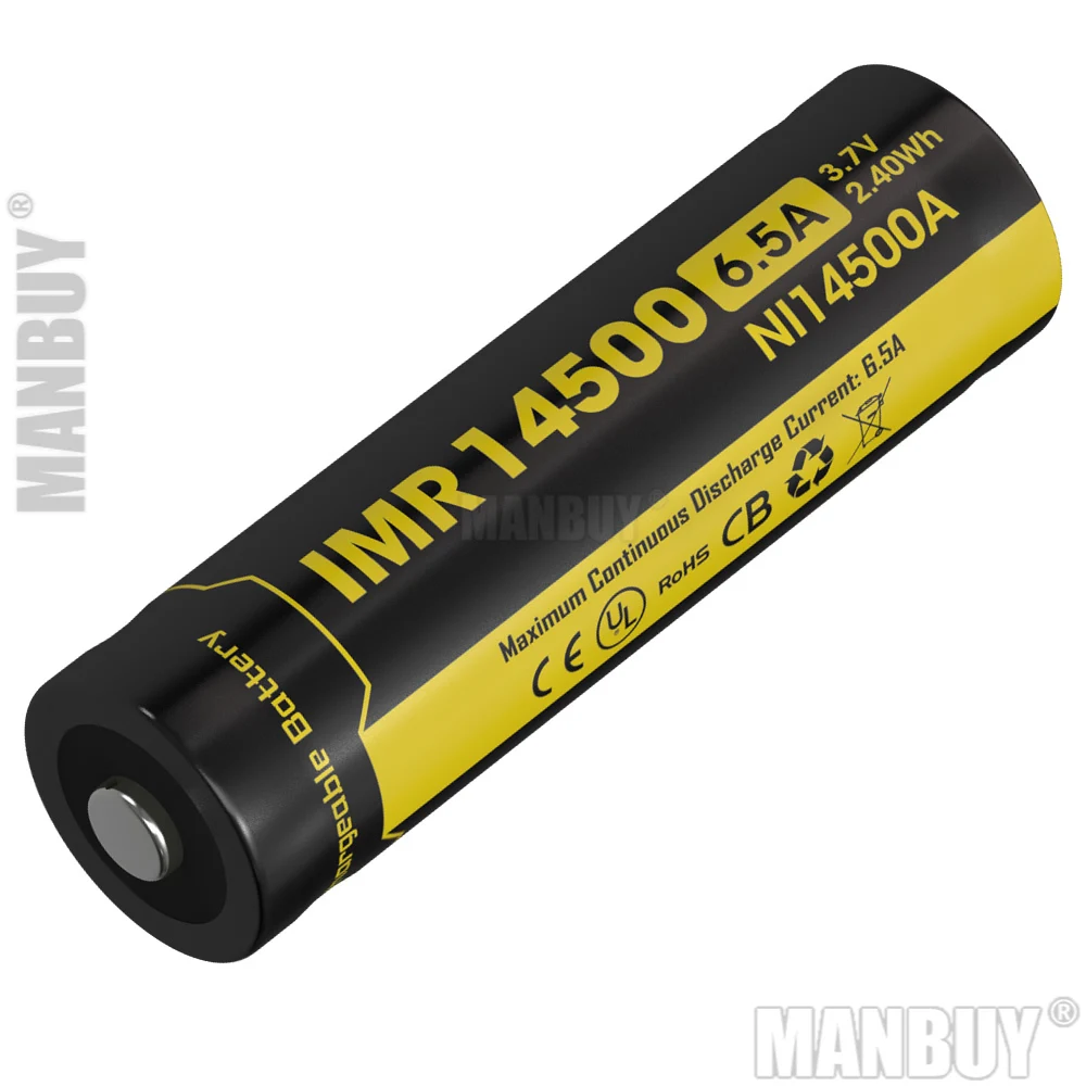 

NITECORE IMR14500 650mAh 6.5A 3.7V 2.4Wh High Drain Device Li-Mn Rechargeable Battery 500 Times charge-discharge Cycles NI14500A