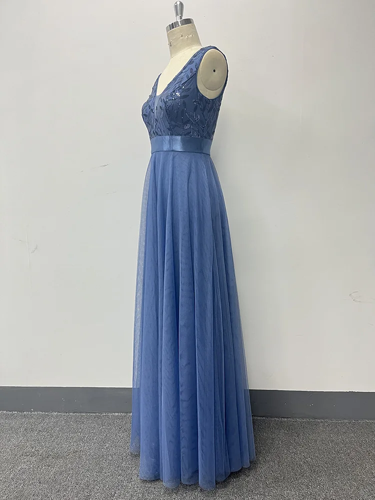 Vestido sin mangas de cintura elástica de retazos azul oscuro para mujer, doble cuello en V, vestido de noche bordado, línea a larga, vestidos Swing grandes