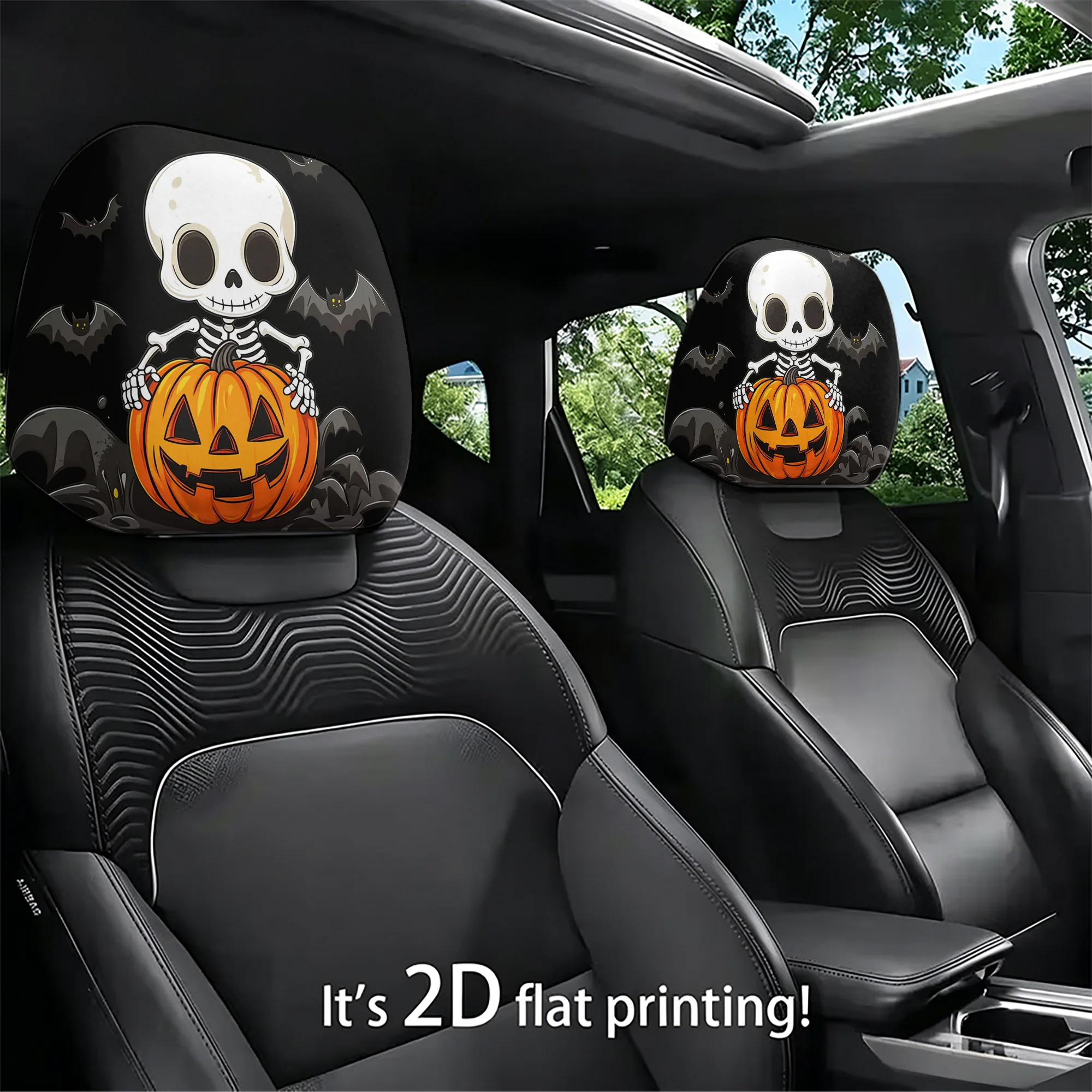 2pcs Halloween Skull and Pumpkin Car Headrest Covers—create a spooky atmosphere in your car’s interior. Not filled. Easy to inst