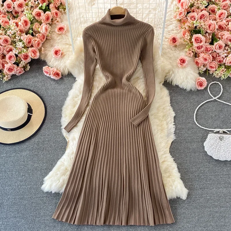 REALEFT Autumn Winter Turtleneck Women's Knitted Dresses 2024 New Long Sleeve Solid Casual  A-Line Pleated Dresses Female