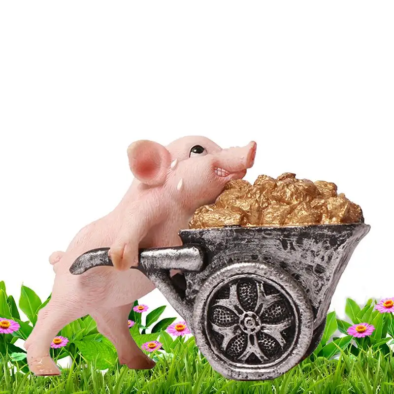 

Cartoon Garden Statues pig Push Cart Sculpture cute Resin Art Craft Decorations Desktop Outdoor flower pots ornaments Miniature