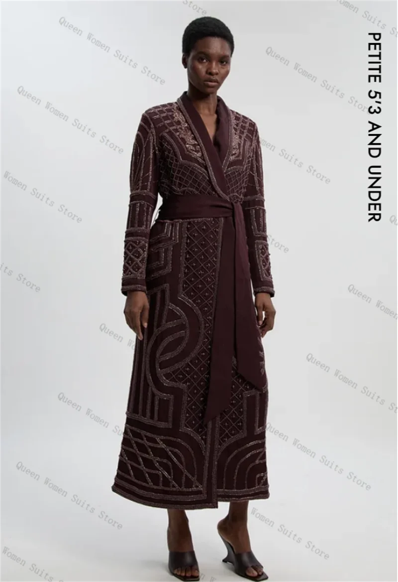 

Brown Pearls Crystals Women Suit 1 Piece Belted Blazer Long Prom Dress Formal Office Lady Jacket Cotton Wedding Coat Customized
