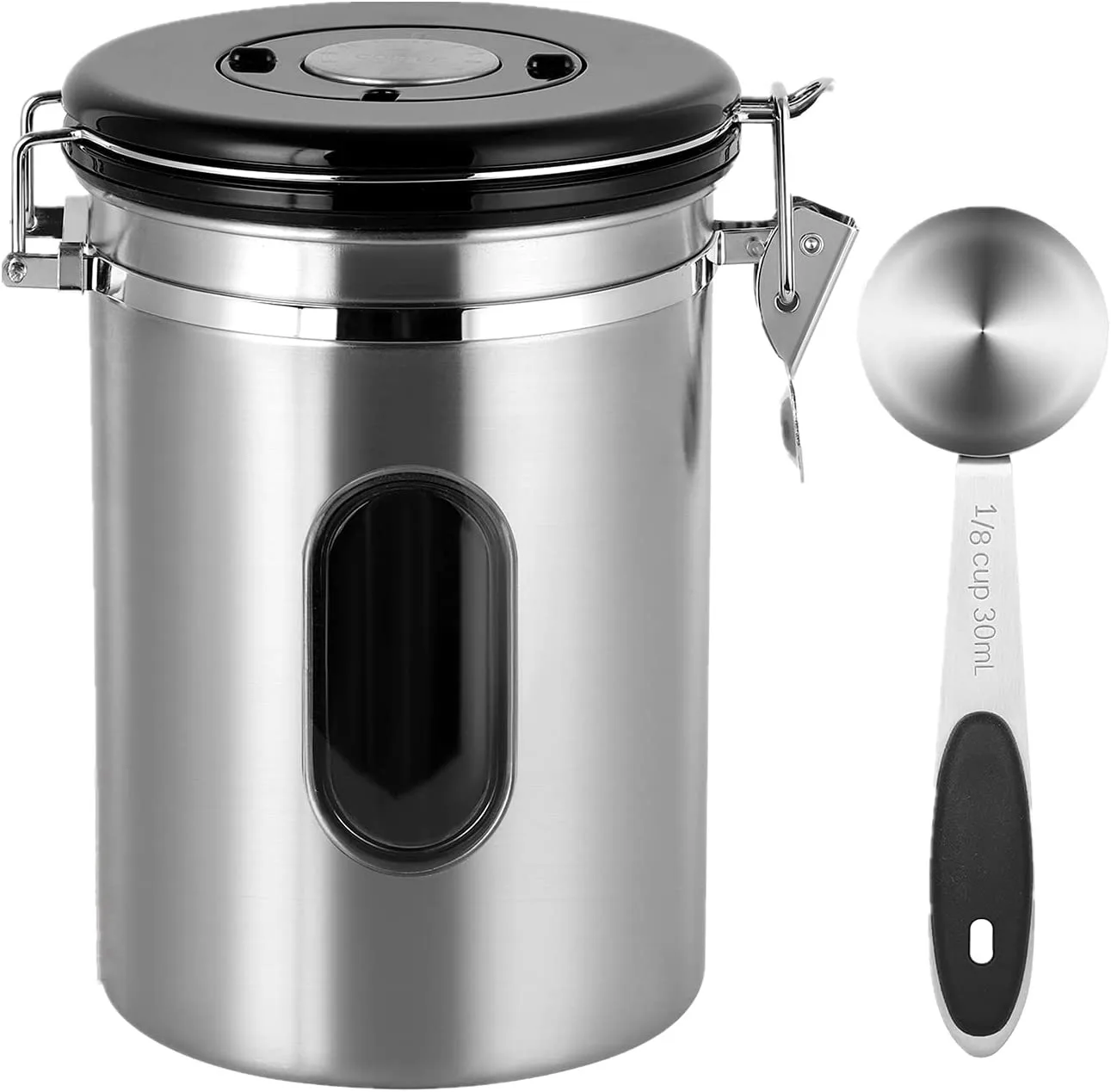 Airtight Coffee Canister, Stainless Steel Storage Container (22OZ) with Scoop,One Way Co2 Valve, Coffee Jar for Beans or Grounds