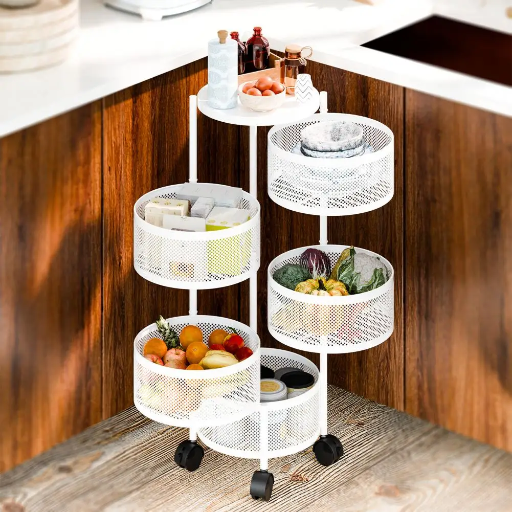 Rotating Storage Rack, Fruit Basket for Kitchen, 3/4/5 Tier Circular Rotating Basket, Large Storage Rack with Wheels, Fruit and