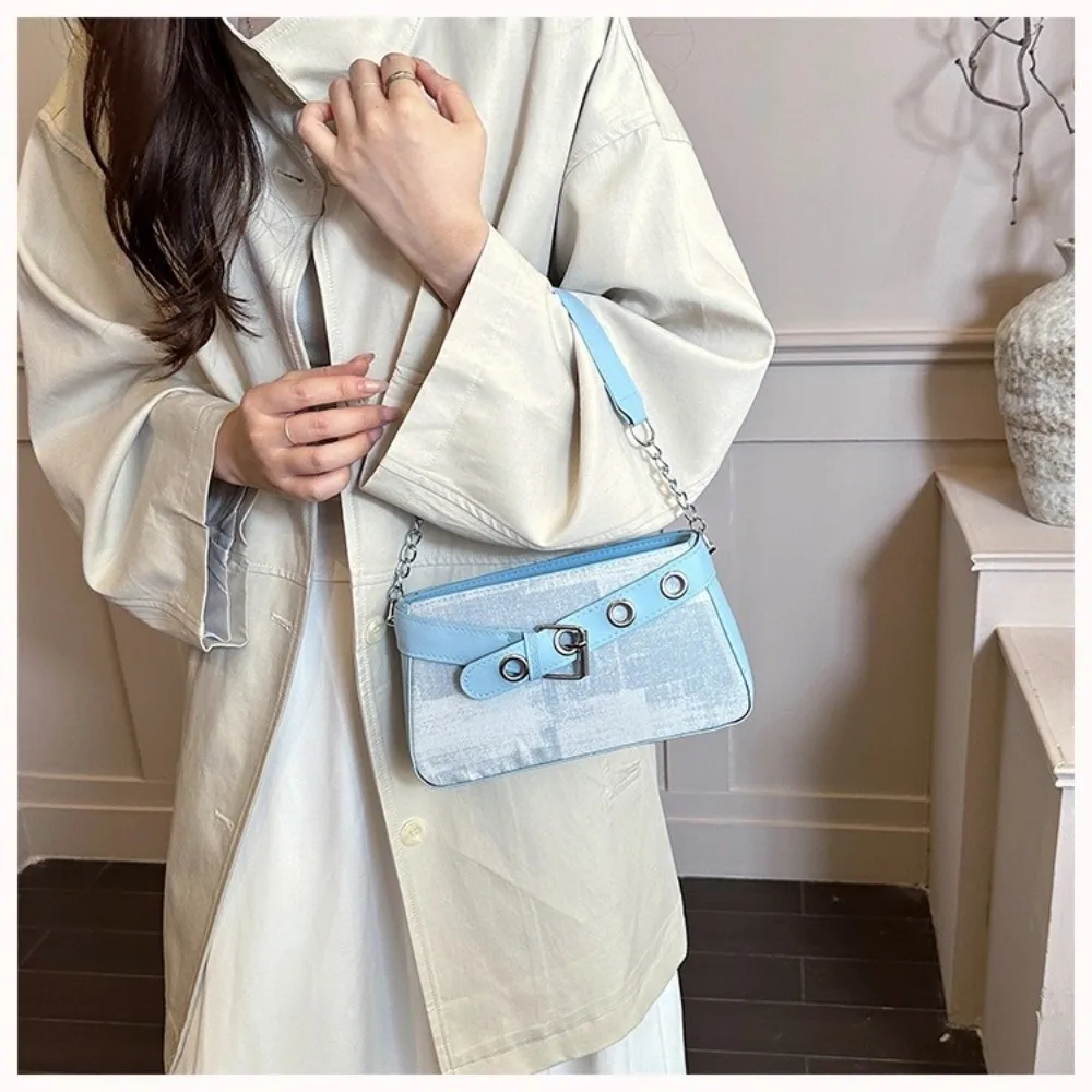 New Motorcycle Style Square Bag Buckle Detail Fresh Color Handbag Chain Decor Chain Purse Shopping