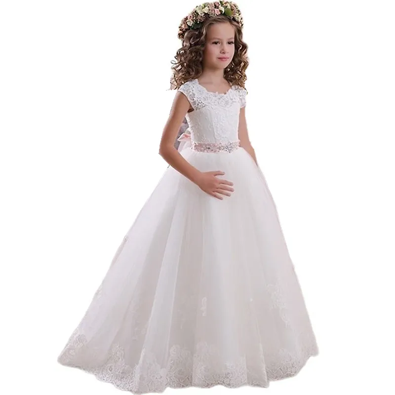 

Customized Flower Girl Dresses Pink White Flowers Appliques With Bow Sleeveless For Wedding Birthday Party Holy Communion Gowns