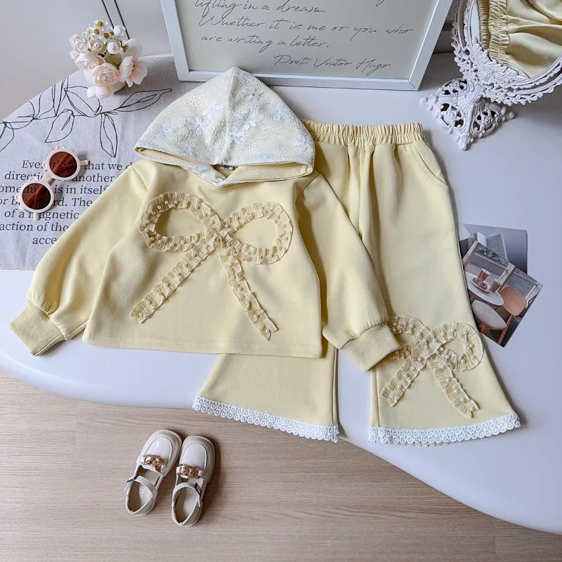 

Girls Set 2025 Autumn Spring Fashion Trendy Casual Lace Hooded Sweatshirt Bow Ruffles Solid Color Pant Two Piece Set