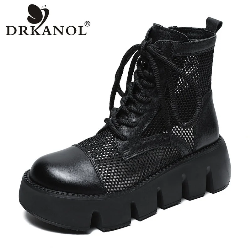 DRKANOL Handmade Retro Style Wedges Ankle Boots For Women Summer Air Mesh Breathable Cool Boots Genuine Leather Platform Shoes