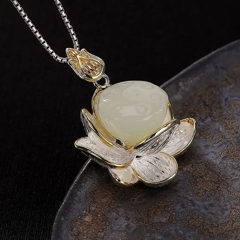 Jade Lotus Necklace Pendant 925 Silver White Amulet Jadeite Jewelry Gemstone Men Real Gemstones Stone Chinese Natural Vintage