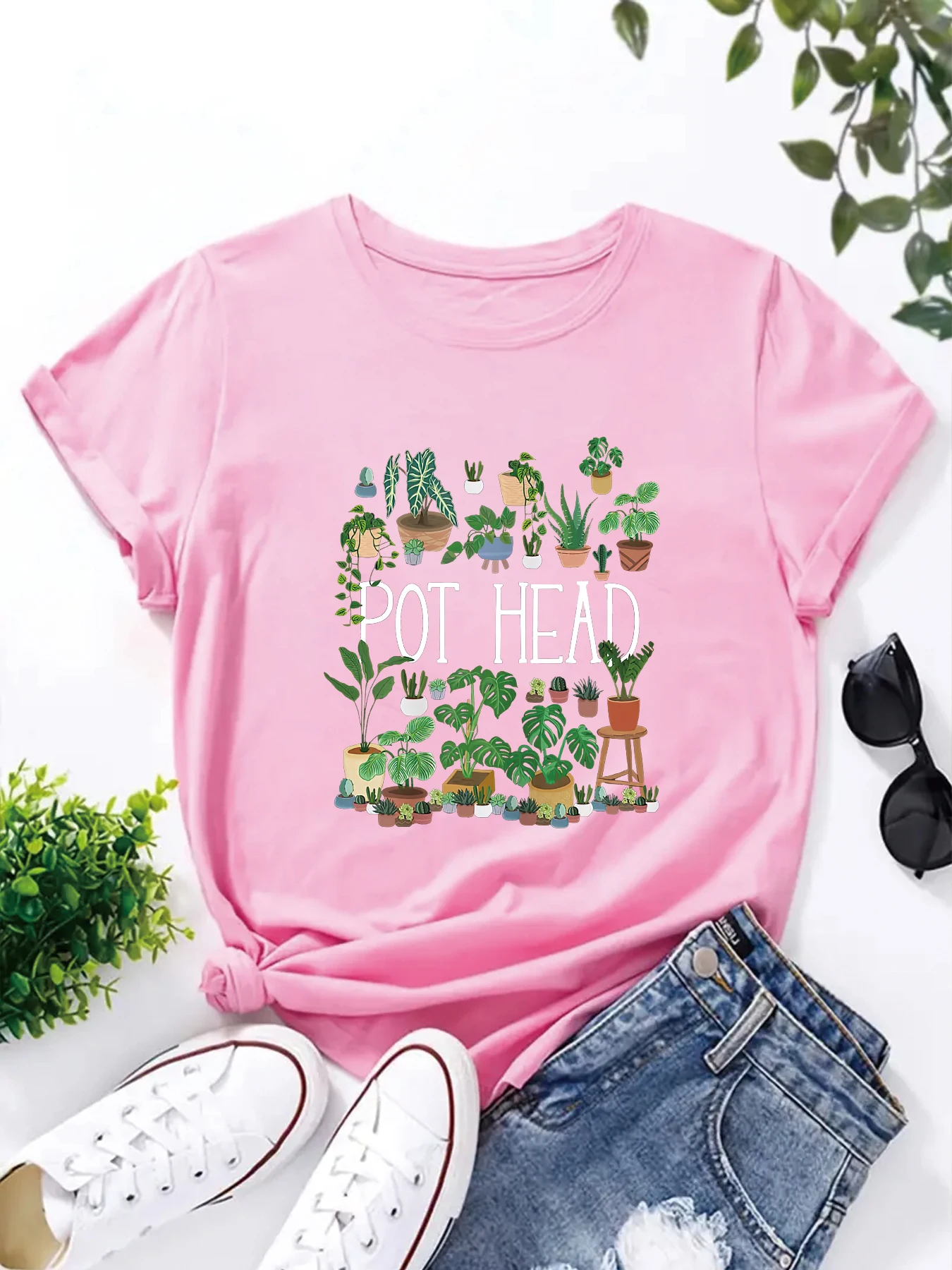 Pot Head Plant Pattern Printed T-shirt Fun Cute Street American Retro Women\'s Fashion Casual Summer Top 2024 New Kawaii