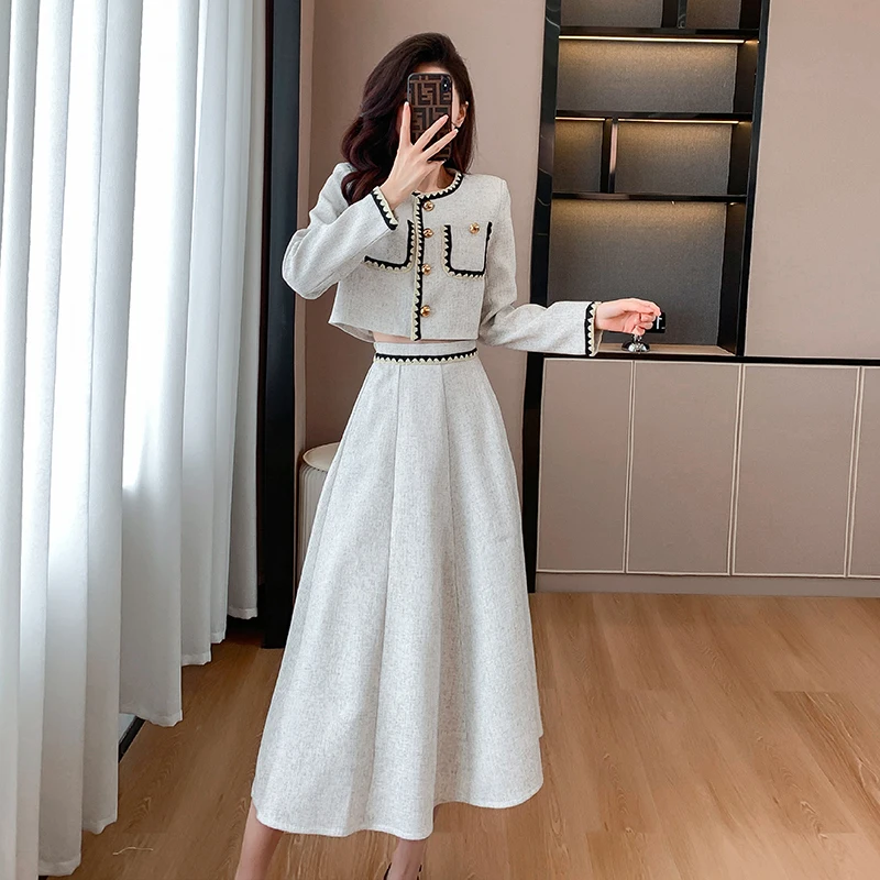 Small Fragrance Autumn Winter Fashion Women\'s Suit Single-breasted O Neck Short Coat + High Waist Mid Length Skirt 2 Piece Set