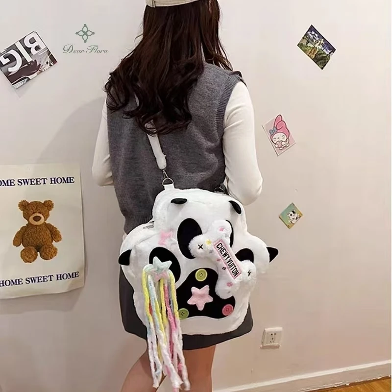 Y2K Fashion women\'s Backpack Kawaii Patchwork Furry Paw Rucksack Cute Plush Shoulder Crossbody Bags Female Tassels Star Knapsack