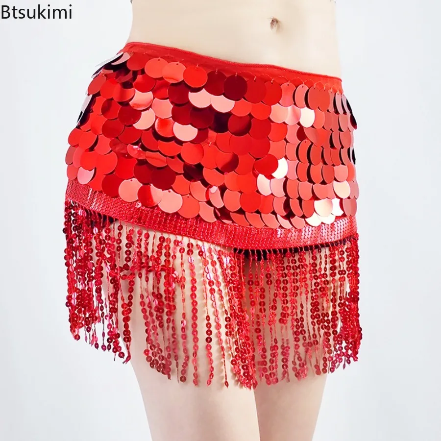 2025 Pailletten-Bauchtanz-Kostüm für Damen, Taillenschal, sexy Chiffon-Rock, Pailletten, Taillenkette, Quastengürtel, Clubwear, Damenrock