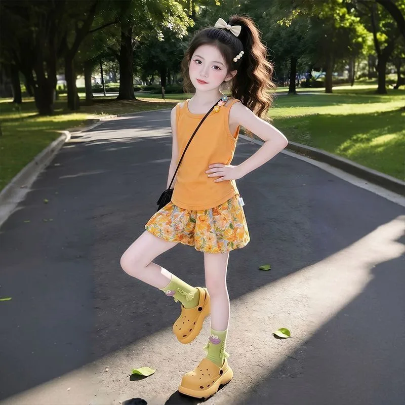 2026 Summer Girls Children Set Teenager Sleeveless Vest t-shirt Tank Crop Tops + Bud Shorts Floral Pant 1 To 3 4 5 6 7 8 Years