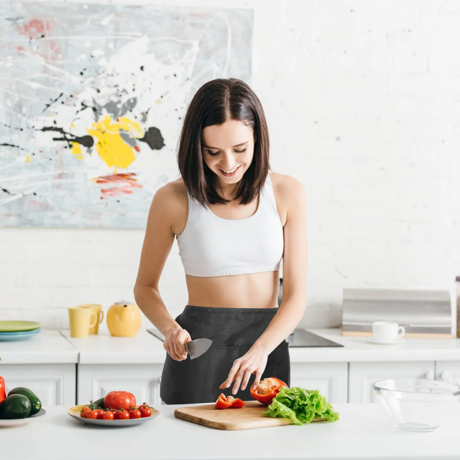 2Pcs Waterproof Server Apron Short Waist Polyester Cooking Kitchen Half Apron Waitress Pockets Half Aprons with Pockets