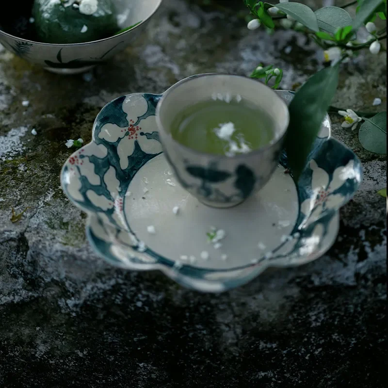Hand Painted Five Petal Leaf Sea Wave Teapot Tray Dry Brew Plate Simple Style Tea Ceremony Accessories Refreshment Serving