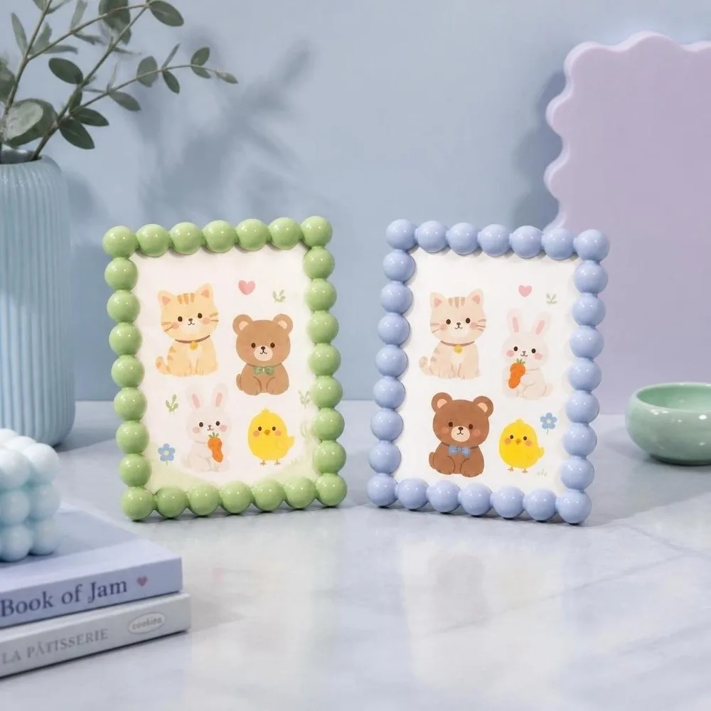 Kawaii Beaded Edge Picture Frame Round Bead Plastic Macaron Colors Tabletop Photo Display Photo Frame Stand Home Office Bedroom