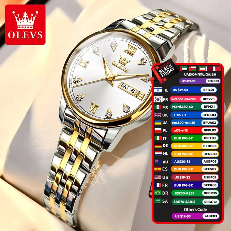 OLEVS jam tangan Quartz anti air, jam tangan wanita, jam tangan gaya bisnis, jam tangan Quartz, tali Stee, tanggal, minggu, anti air, 5525, bercahaya