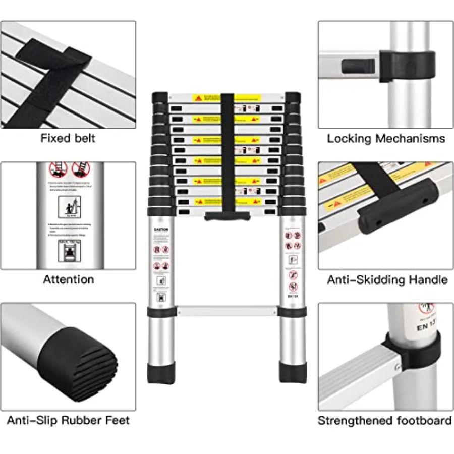 Aluminum Extension Ladder 12.5Ft/3.8M EN131 Standards for RV Attics Families Outdoor Work Black Max Load 330lbs