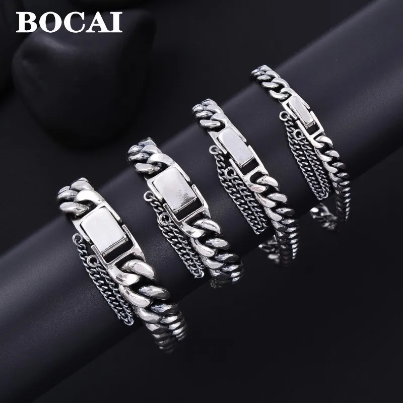 BOCAI New Real s925 Silver Jewelry Fashion Personality Man and Woman Bracelet Couple Simple Safety Chain Punk Tank Chain Wholesa