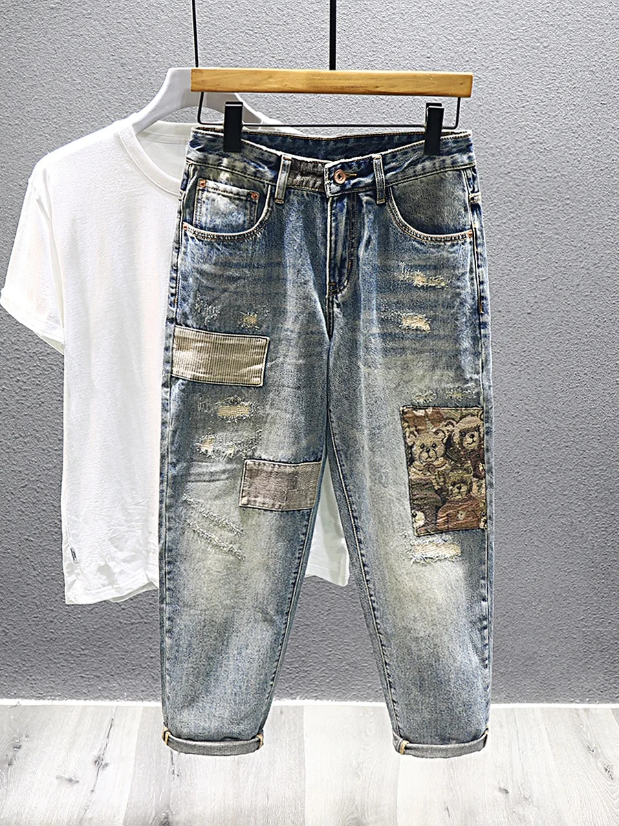 Retro Patchwork Men's Denim Jeans High Street Harlan Style Summer Casual Straight Leg Loose Fit mid Waist Torn Hole Design