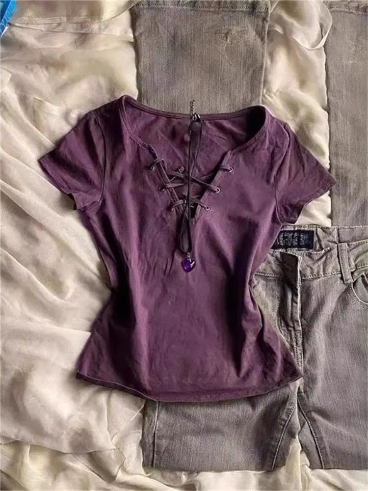 Y2K Vintage Lace Up T Shirt Women Short Sleeve Square Neck Pendant Decor American Retro Gothic Punk Streetwear Casual Top New
