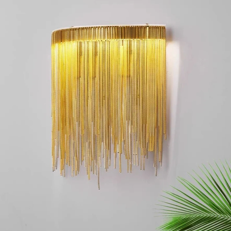 Modern Metal Tassel Wall Lamp Gold Silver Iron Hanging Chain Living Room Bedroom Bedside Wall Light for Hallway Stair Entrance