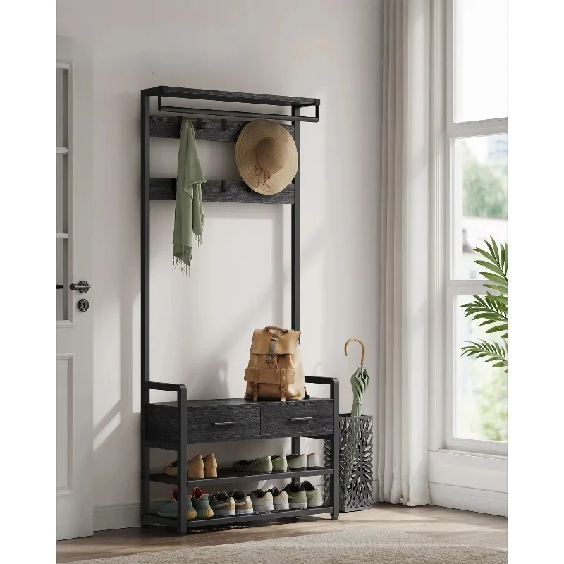 VASAGLE Perchero de recibidor con banco para zapatos y 2 cajones de tela, mueble de entrada 3 en 1 con perchero